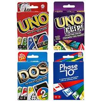 Mattel Family Card Game Variety Pack - Pacote de 4 Cartas - Uno, Dos, Uno Flip e Phase 10 - Ultimate Family Game Night Card Bundle