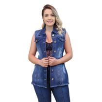 Max Colete Jeans Feminino Longo Com 2 Bolso Super Lindo Azul - Kaena
