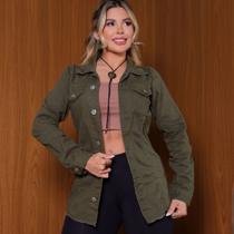 Max Jaqueta Jeans Feminina Sem Barra Botões Ferro Verde Militar