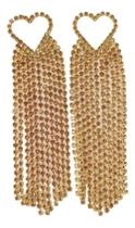 Maxi Brinco Coração Strass Festa Luxo Franjas Longo Brilho