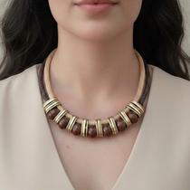 Maxi Colar Dourado, Nude e Marrom com Extensor Maxi Colar Dourado, Nude e Marrom com Extensor