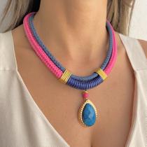 Maxi Colar Fio Corda Rosa e Azul com Detalhes em Alumínio e Cristal