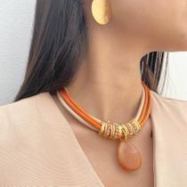 Maxi Colar Laranja com Gota em Aventurina Natural - Acessório Artesanal Maxi Colar Laranja com Gota em Aventurina Natural - Acessório Artesanal