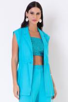 Maxi colete turqueza, bolso lateral, amarração cintura, det. botão, 100% viscose Maxi colete turqueza, bolso lateral, amarração cintura, det. botão, 100% viscose