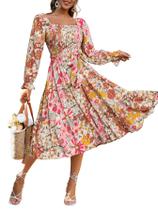 Maxi Dress Simplee feminino, manga comprida, gola quadrada, rosa, floral