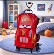 Maxtoy Mala Infantil Carros 3851AM22 Mochila Escolar com Rodinhas Triplas e Design 3D de Relâmpago McQueen para Crianças