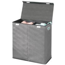 mDesign Extra Large Split Laundry Hamper Basket com Tampa Removível, Alças Incorporadas - Portátil e Dobrável para Armazenamento Compacto - Impressão texturizada com guarnição sólida, alças cromadas - carvão/preto