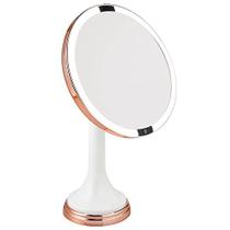 mDesign Sensor de Movimento Moderno LED Iluminado Maquiagem Banheiro Espelho Vanity, Grande 8 "Redondo, Ampliação 3X, Mãos-Livres, Recarregável e Sem Fio - Branco / Rosa Ouro