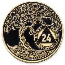 Medalha de Sobriedade Árvore da Vida Torcida de 1 a 50 Anos - Revestimento em Ouro - Cápsulas e Medalhas AA - Medalha de Sobriedade 24 Anos - Preta
