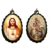 Medalha Dupla Face Sagrado Coração de Jesus e Nossa Sra do Carmo Ouro Velho