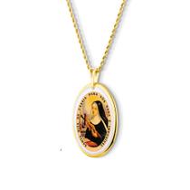 Medalha Pingente Santa Rita com oração em porcelana pintada à mão com ouro - média
