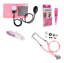 Medidor De Pressão Arterial + Estetoscópio + Garrote + Termômetro Kit Premium Rosa