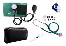 Medidor De Pressão Arterial + Estetoscópio + Garrote + Termômetro Kit Premium Verde