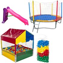 Mega Combo de Brincadeiras: Cama Elástica 2,30m + Piscina de Bolinha 1,00m + 500 Bolinhas + Escorrega Grande