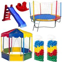 Mega Combo de Brincadeiras: Cama Elástica 2,30m + Piscina Oitavada 2,00m + 1000 Bolinhas + Escorregador Grande + Gangorra 1 Lugar