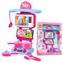 Mega Fogão Toy Chef Infantil Rosa Com Micro-ondas Botões Giratórios Suporte Para Celular E Panelas