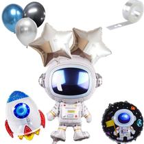 Mega Kit 155 Un, Balão Astronauta 75cm + Balão Bexiga Brilhantes + Balão Estrelas Metalizadas, Balão Temático Astronauta
