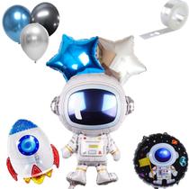 Mega Kit 155 Un, Balão Astronauta 75cm + Balão Bexiga Brilhantes + Balão Estrelas Metalizadas, Balão Temático Astronauta
