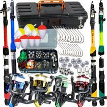 Mega Kit de Pesca Completo 4 Varas 4 Molinetes Caixa Maleta, com Anzóis, Boias, Chumbos e Iscas
