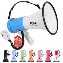 Megafone Pyle 50W portátil com sirene e entrada auxiliar - branco-azul