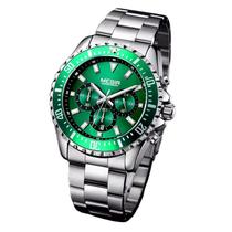Megir relógio de pulso sem gênero cronógrafo de quartzo, aço inoxidável, à prova dágua, luminoso, analógico, 24 horas, mostrador verde 2064g9