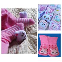 Meia 3D Infantil Bebê Bichinho com Chocalho Solado Antiderrapante: 4 pares sortidos Menina