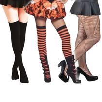 Meia 7/8 Festa Fantasia Cosplay Listrada + Meia 7/8 Colegial Preta + Meia Calça Arrastão Trama Média