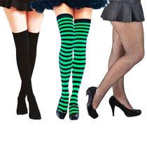 Meia 7/8 Festa Fantasia Cosplay Listrada + Meia 7/8 Colegial Preta + Meia Calça Arrastão Trama Média