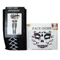 Meia 7/8 Halloween + Adesivo Facial Face Jewels Caveira: Kit Fantasia Cosplay Carnaval - Thigh High