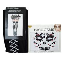 Meia 7/8 Halloween + Adesivo Facial Face Jewels Caveira: Kit Fantasia Cosplay Carnaval Meia 7/8 Halloween + Adesivo Facial Face Jewels Caveira: Kit Fantasia Cosplay Carnaval