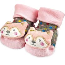Meia Algodão Infantil Antiderrapante Menina 6 a 12 meses Raposa Cinza Rosa