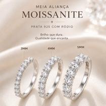 Meia aliança prata com ródio pedra de Moissanite Certificado GRA 3mm 4mm 5mm