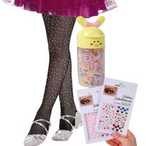 Meia Calça Arrastão Infantil Juvenil com Strass + Adesivos Face Jewels + Pote Elástico Cabelo Colorido