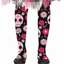 Meia Calça Caveira Mexicana Infantil Menina Fantasia Halloween 7 a 12 Anos