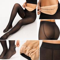 Meia Calça Feminina Térmica Peluciada Translúcida fio 600 220G Forrada Cintura Alta Modeladora Compressão Confortável Inverno Preto Plus Size 46 ao 52