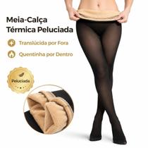 Meia Calça Translúcida Peluciada Térmica Feminina Nude Com Pé Inverno