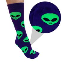 Meia Cano Longo Alien Alienigena ET Preta Roxa Disco Voador Ciclista Skate Divertida Criativa Presente Unisex Infantil