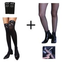 Meia Cosplay 7/8 Modelo Gato Gatinha com Rabo + Meia Calça Arrastão: Estilo Colegial Geek Pin-up