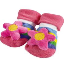 Meia De Bebê Antiderrapante Menina Infantil 6m a 1 ano Rosa Listrada Flor Adoleta