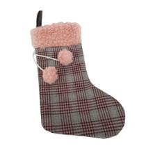 Meia de Natal Xadrez Rosa com Pompom