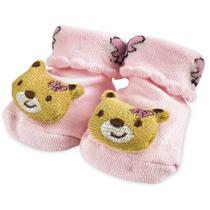 Meia Pantufa Menina Infantil 6m a 12m Divertida Antiderrapante Ursinho 3D Adoleta Bebê Rosa