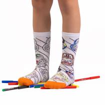 Meia Para Colorir Pintar Infantil Divertidas Personalizar + Kit 6 Canetinhas Hidrocor Coloridas Menino Menina