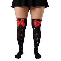 Meia preta até o joelho Desenho caveiras com laço adulto Meia preta até o joelho Desenho caveiras com laço adulto