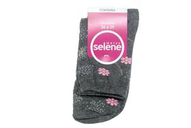 Meia Soquete Selene Feminina, Preto Mescla c/ Flores cor de Rosa, Tamanho 34-39