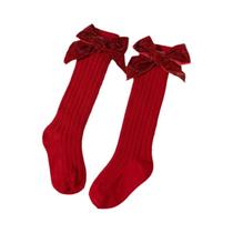 Meias Altas Vermelhas Brilhantes Para Bebês Meninas Outono Inverno Com Laço Grande, Meias Longas De