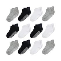 Meias Antiderrapantes Para Crianças 12 Pares Básicas Em Preto, Branco E Cinza Para Meninos E Meninas
