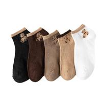 Meias Curtas Femininas Fofas Com Estampa De Urso Teddy, 5 Pares, Primavera Verão, Casuais, Tipo