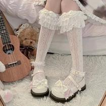 Meias De Joelho De Renda Branca De Leite Com Laço Para Mulheres Meias Longas De Algodão Doce Lolita