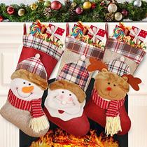 Meias de Natal DG-Direct, 3 Pack Big Xmas Stockings Decoração, 3D Plush Socks Gift Bags para Crianças Decor Home Ornament Holiday Supplies, Estilo Burlap com Papai Noel, Boneco de Neve e Veado - Feltom