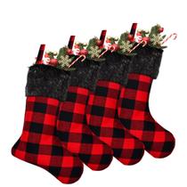 Meias de Natal Senneny, pacote com 4, 45 cm, xadrez de búfalo vermelho e preto Meias de Natal Senneny, pacote com 4, 45 cm, xadrez de búfalo vermelho e preto